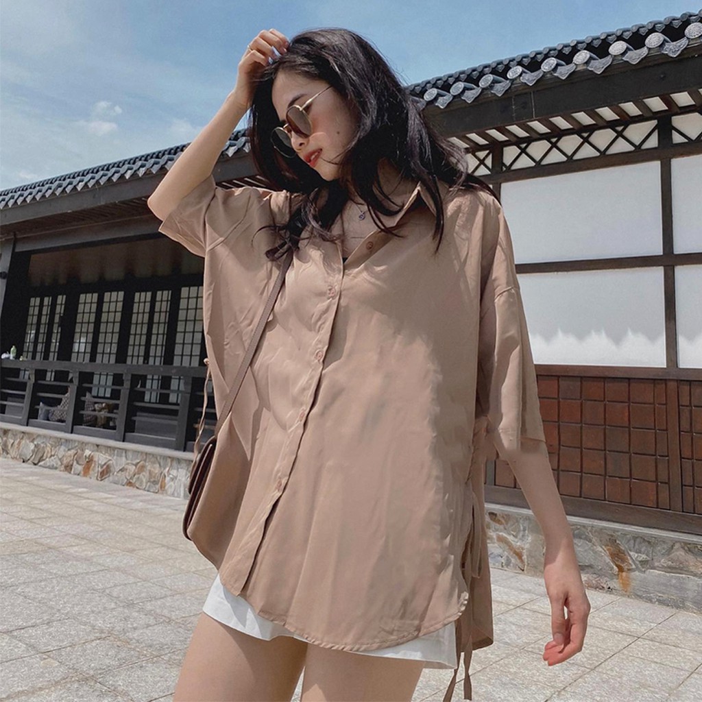Áo sơ mi kiểu Hàn Quốc, Áo sơ mi dáng rộng cộc tay buộc nơ bên nhiều màu