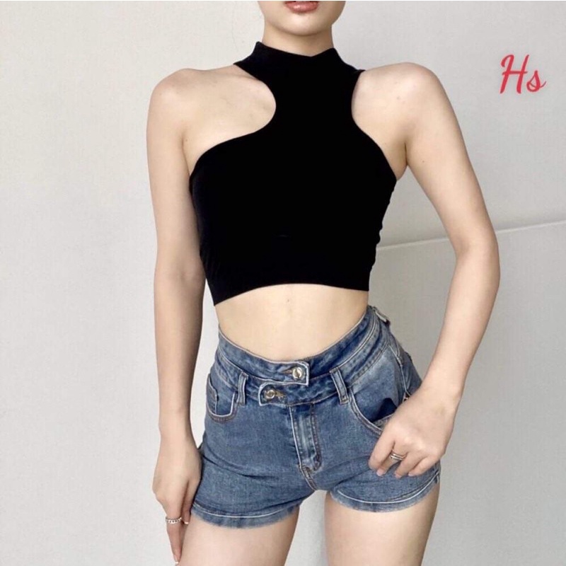 Áo croptop cổ lọ 3 lỗ khoét chéo HS6