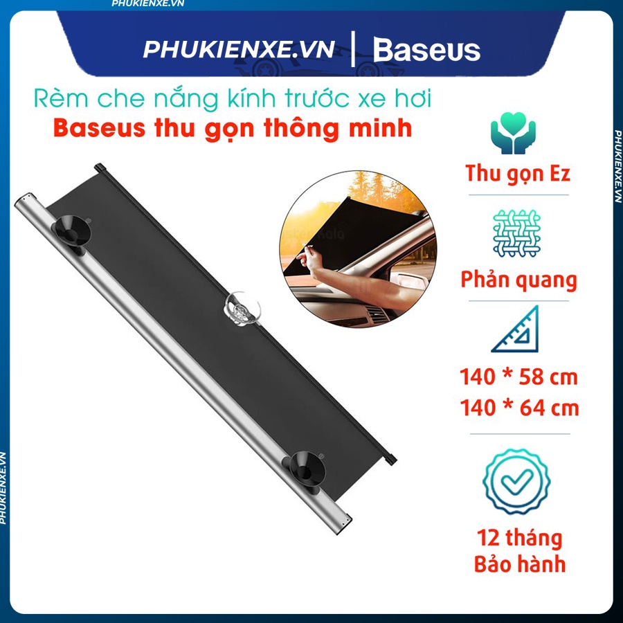 Tấm che nắng cho ô tô Baseus phủ bạc phản quang có thể điều chỉnh chiều dài tối đa 1.4m phù hợp cho nhiều dòng xe