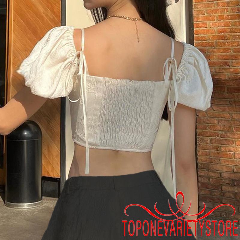 Áo Croptop Tay Ngắn Phồng Cổ Buộc Dây Thời Trang Cho Nữ