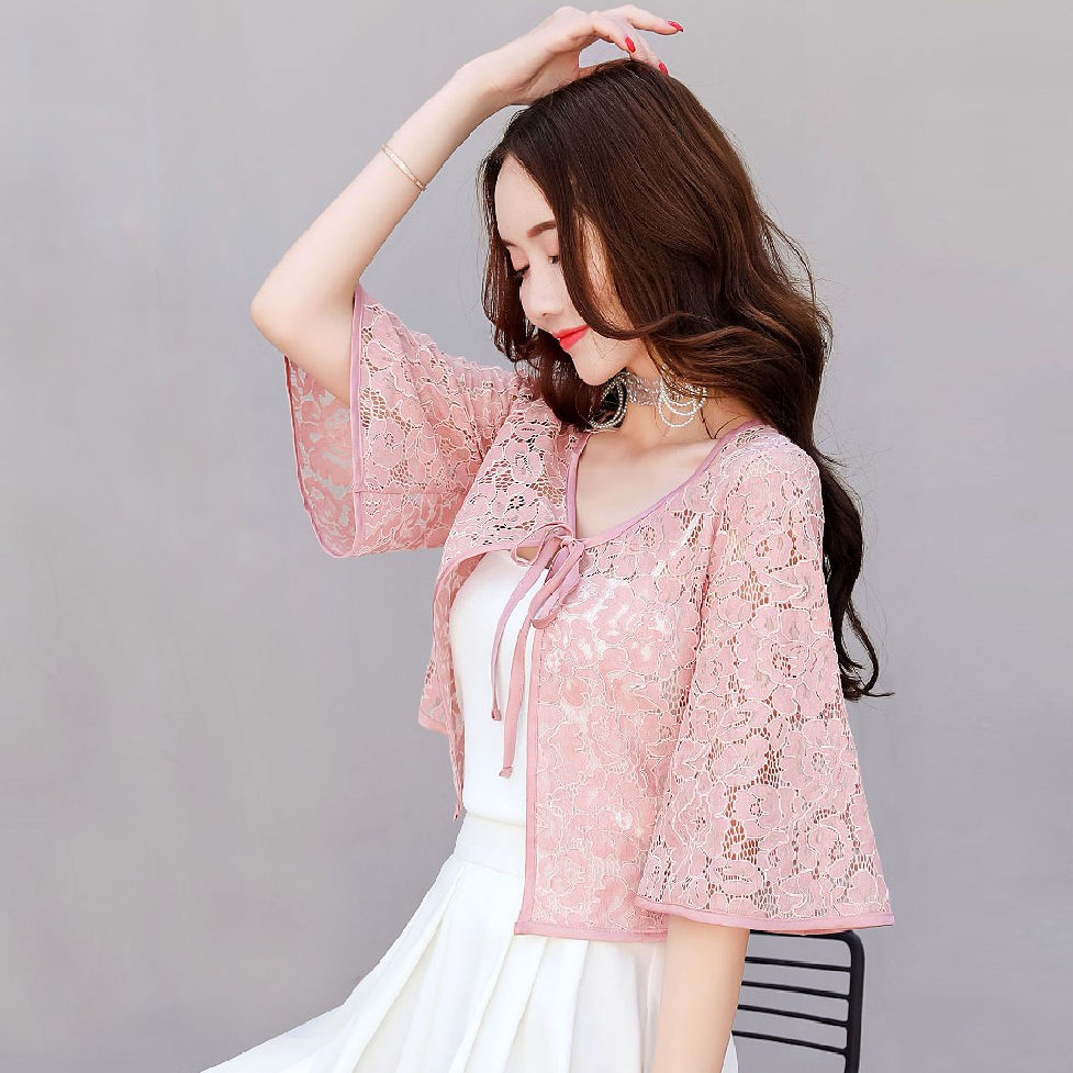 Hàng Mới Về Áo Khoác Ren Mỏng Dáng Ngắn Tay Loe Thời Trang Cho Nữ