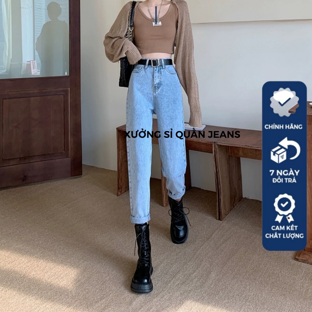 Quần bò baggy xanh đen trơn cạp cao chất siêu đẹp