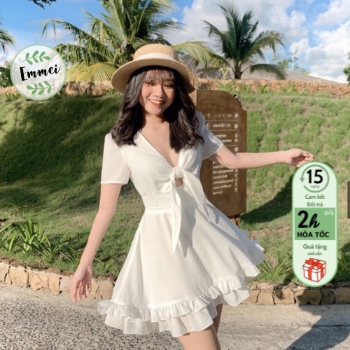 Đầm trắng tầng dáng xoẻ, váy thắt nơ bánh bèo tiểu thư emmei - v109 | BigBuy360 - bigbuy360.vn