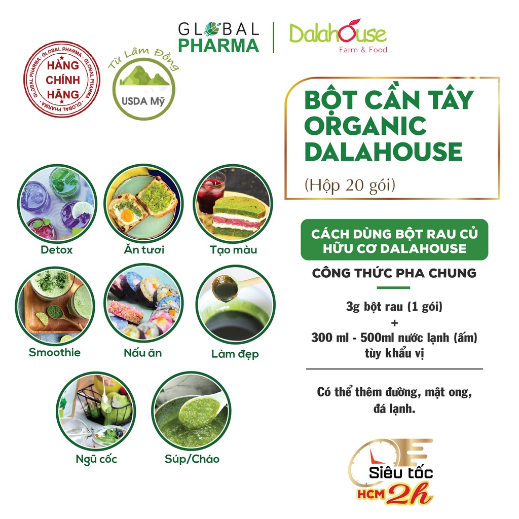 Bột cần tây nguyên chất Dalahouse (Hộp 20 gói x 3g) - đẹp dáng, thanh lọc cơ thể, làm đẹp da