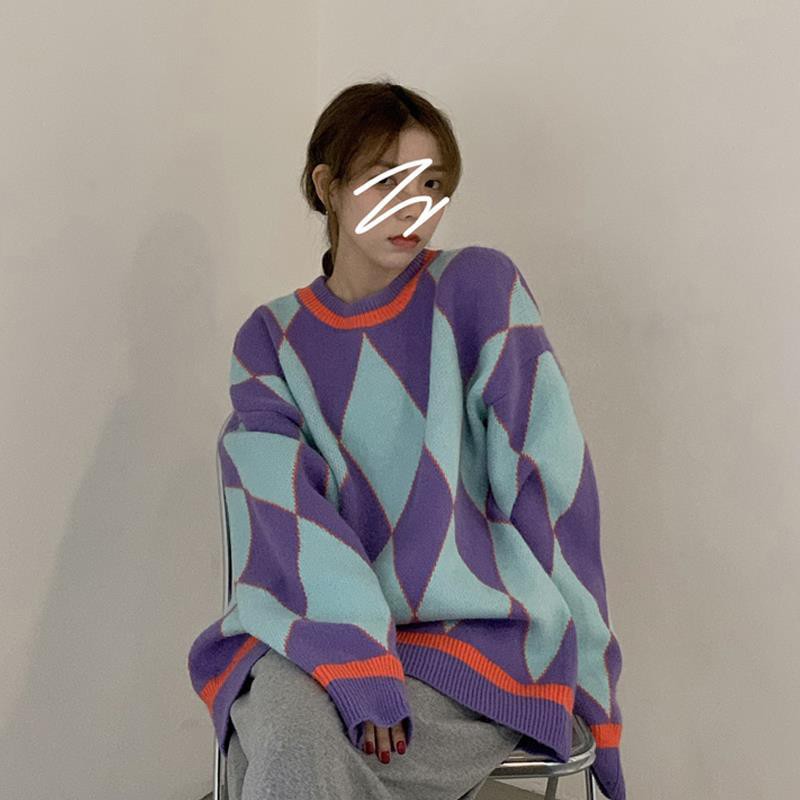 Áo Sweater Dệt Kim Dáng Rộng Màu Sắc Tương Phản Phong Cách Retro Hàn Quốc Cho Nữ 2021