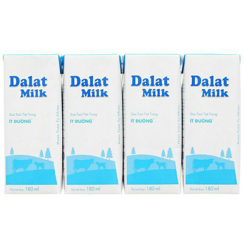 Lốc 4 hộp sữa tươi Dalat Milk 180ml ít đường/có đường
