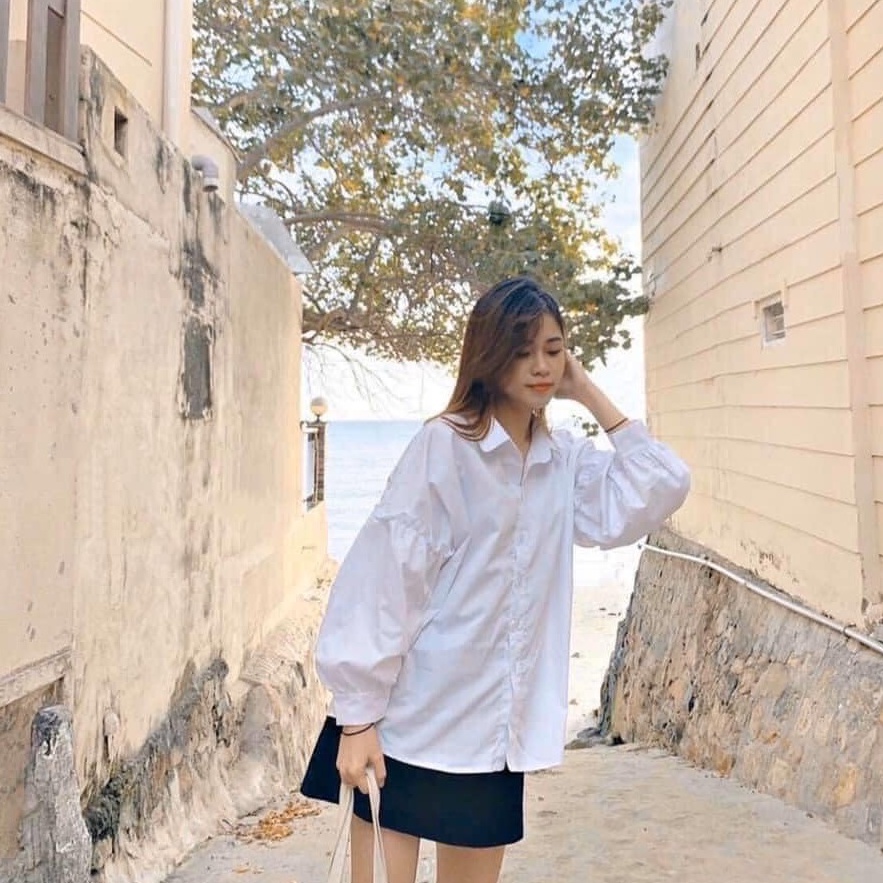 Áo sơ mi trắng dài tay nữ phối tay bèo chất thô lụa mềm giá rẻ siêu xinh A00140