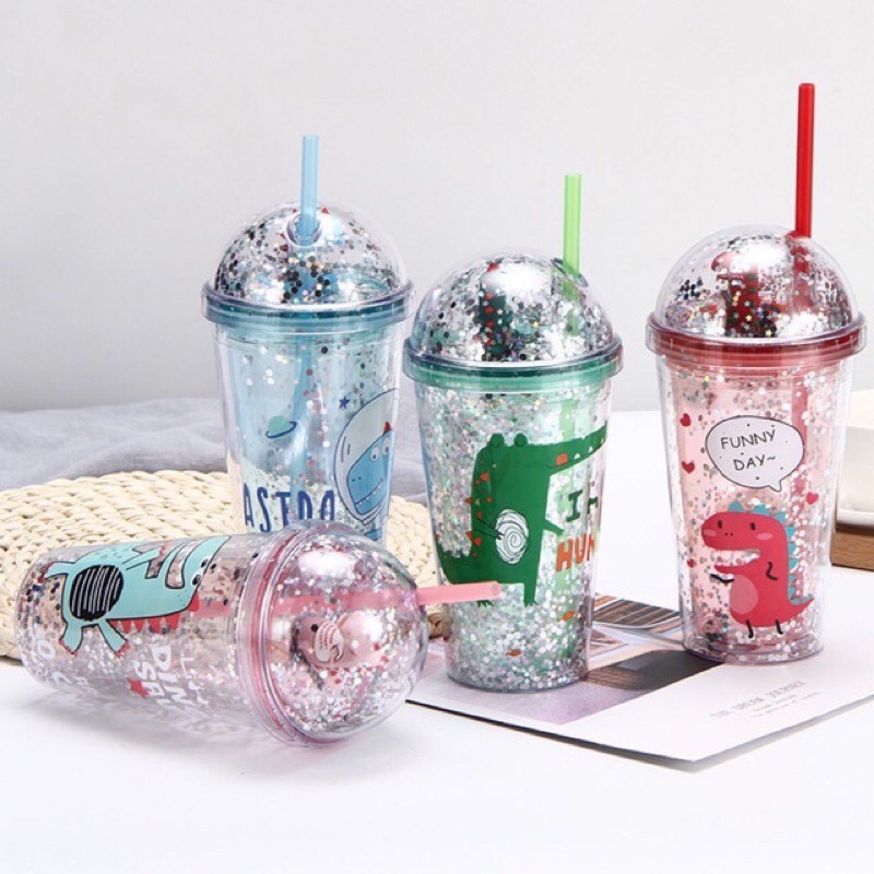 Ly Đựng Nước❤️DEAL SỐC[FREESHIPCốc Đựng Nước Nhũ Kim Tuyến Hình Khủng Long 500Ml Kèm Ống Hút