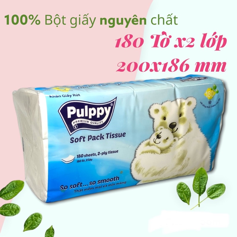 Khăn Giấy Rút Pulppy Soft Pack Tissue 180Tờ 2Lớp Giấy Gấu Trắng