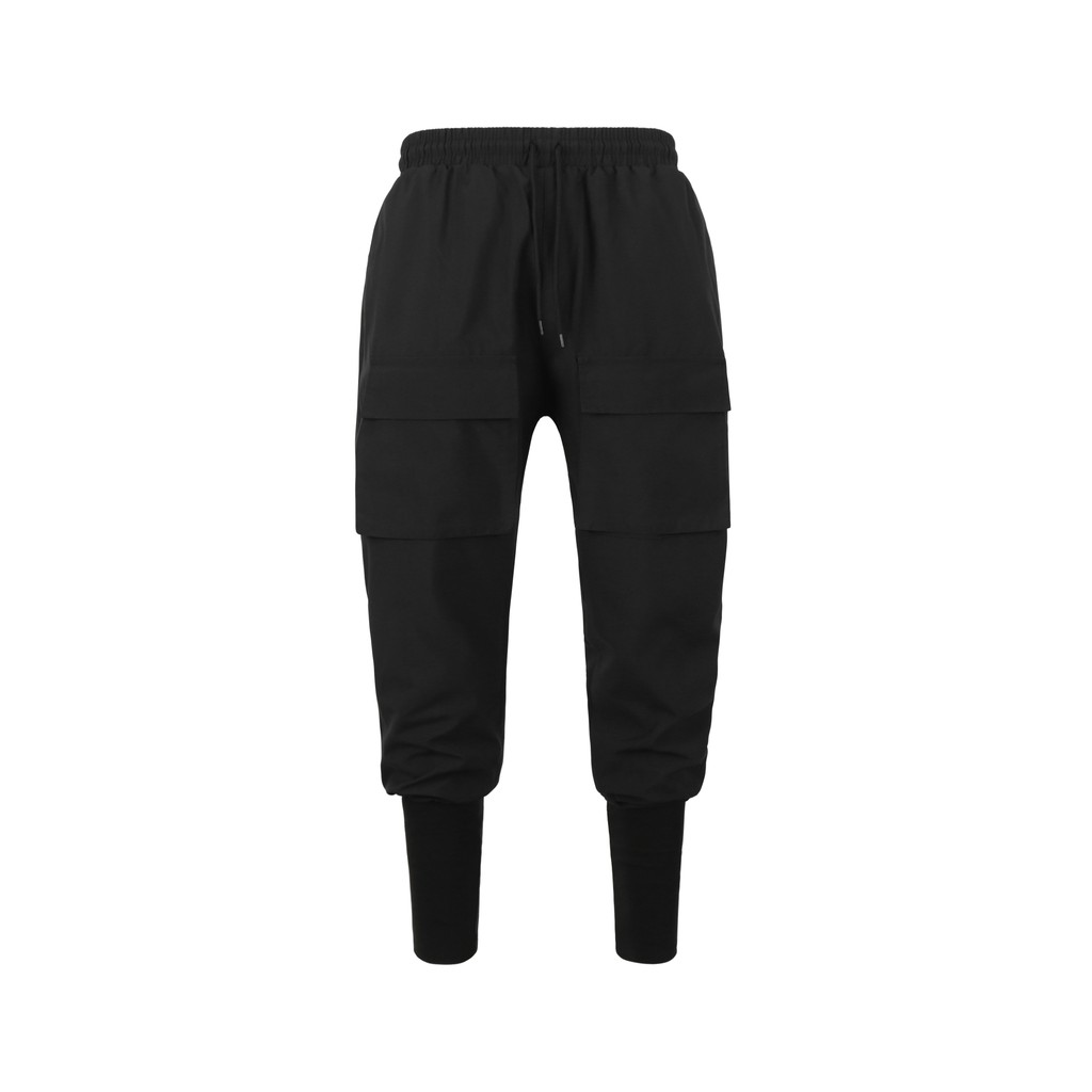 Quần Jogger Màu Đen Chất Liệu Polyester Vải Dù Có Bo Dài Lưng Thun Hai túi Hộp Hai Bên