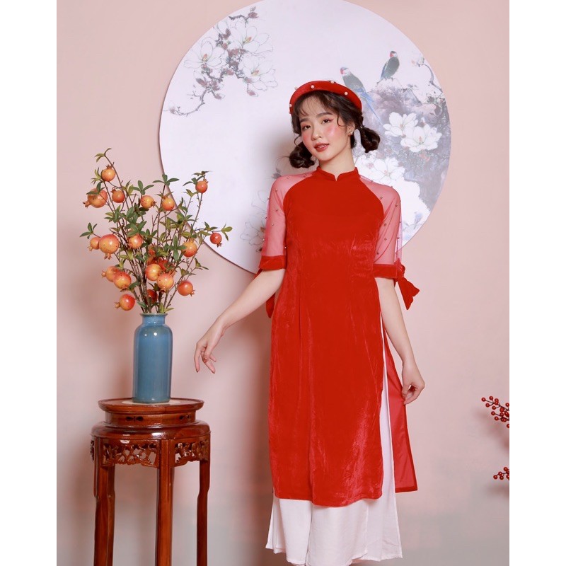 ÁO DÀI TẾT - LITTLE BOW AODAI - ÁO DÀI CÁCH TÂN TAY NƠ ĐÍNH CƯỜM