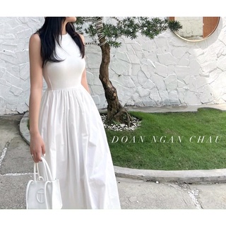 Đầm midi sát nách hai màu, váy xoè sát nách hai màu
