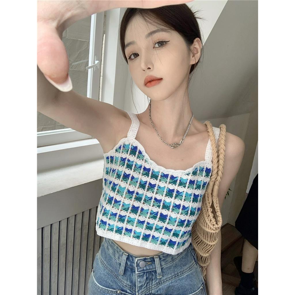 Áo Hai Dây Croptop Họa Tiết Sọc Caro Phong Cách Retro Thời Trang Mùa Hè 62099