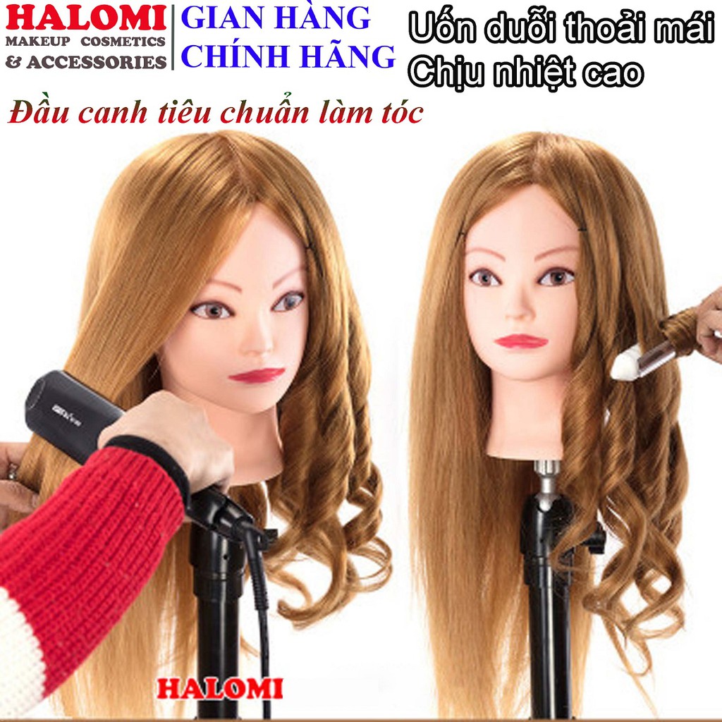 Đầu manocanh học tóc chịu nhiệt HALOMI 60% tóc thật uốn duỗi chịu nhiệt tốt Tặng kèm chân đế