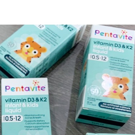 Pentavite Calcium + Vitamin D3 &amp; K2 Bổ sung D3- K2 cho trẻ em Dạng lỏng 30ml và hộp viên nhai 60v [Bay Air, chuẩn Úc]