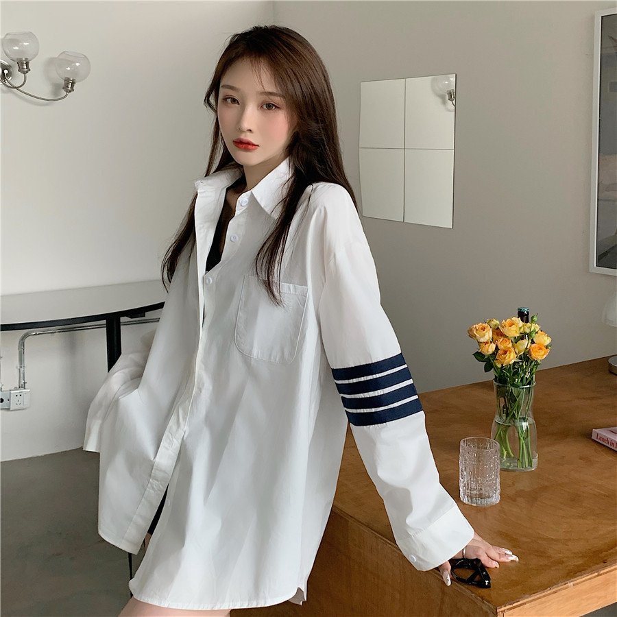 Áo Sơ Mi Trắng Nữ Dáng Trùm Mông 3 Sọc 🦋 Áo Somi Nữ Ulzzang Dài Tay Dáng Rộng 🦋 | BigBuy360 - bigbuy360.vn