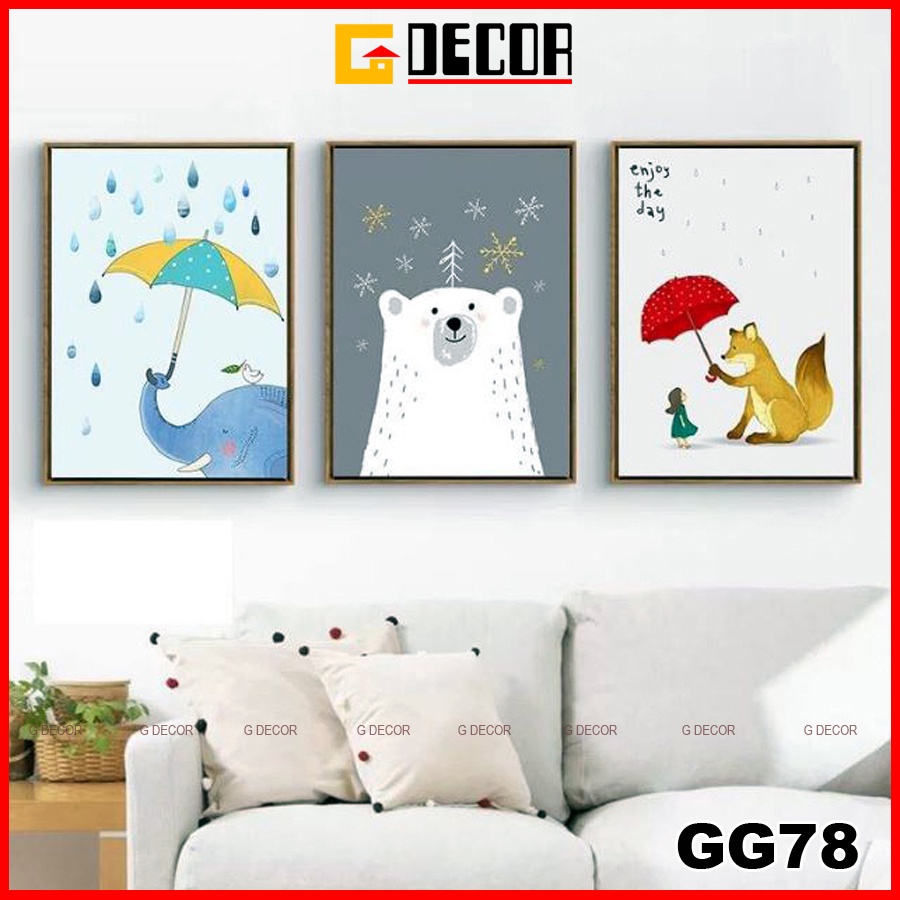 Tranh treo tường canvas khung gỗ 3 bức phong cách hiện đại Bắc Âu tranh anime trang trí phòng khách phòng ngủ spa 78