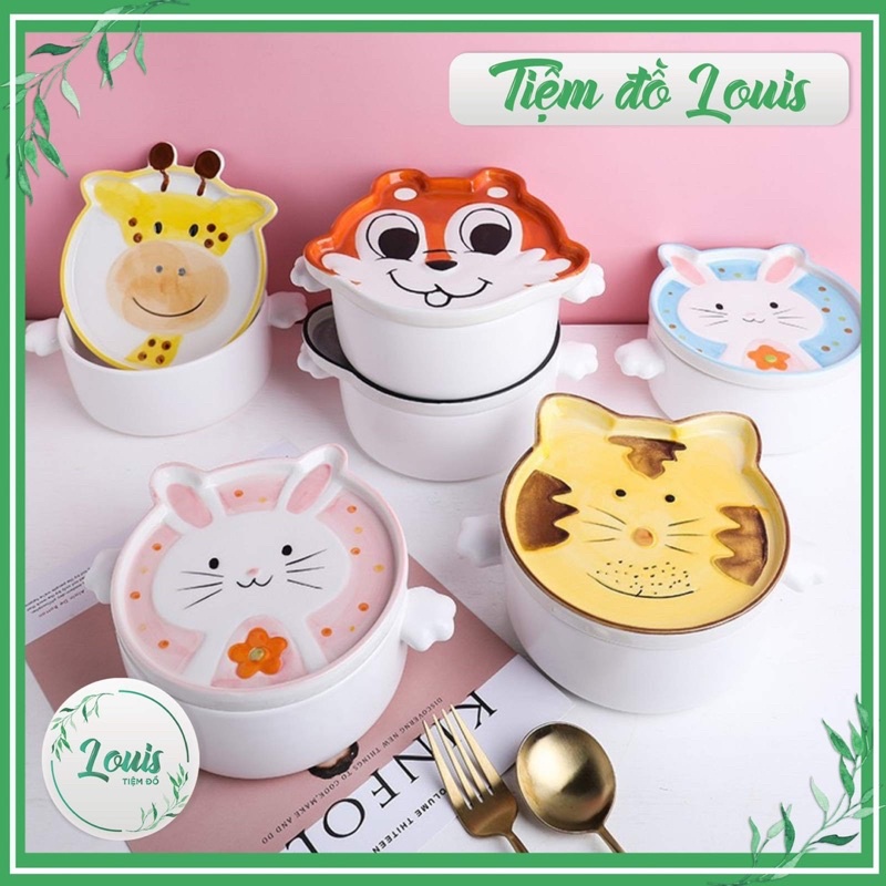 Tô Sứ ăn Mì Nồi Sứ Có Tay Cầm Kèm Đĩa Đựng Hoạ Tiết Con Vật Dễ Thương Decor Bàn Ăn Dung Tích 750ml