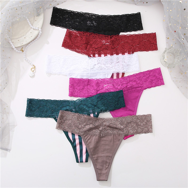 Cute Byte Quần Lót Cotton Lọt Khe Lưng Thấp Phối Ren Họa Tiết Kẻ Sọc Dễ Thương Size S-XL Cho Nữ