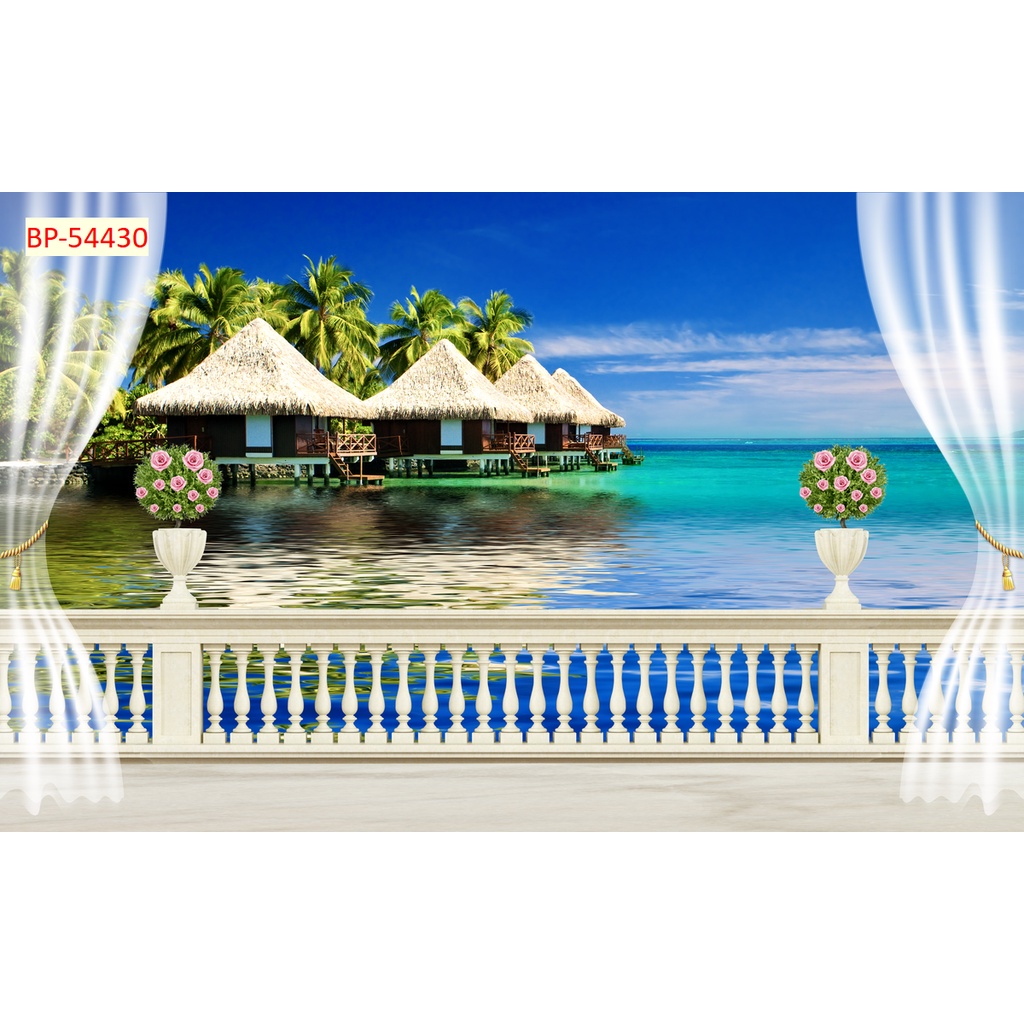 Tranh dán tường 3D khung cửa sổ phong cảnh In Theo Kích Thước Yêu Cầu Có Keo Dán