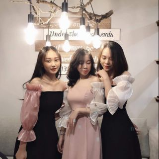 Đầm xòe trễ vai thiết kế tay phối voan xinh xắn