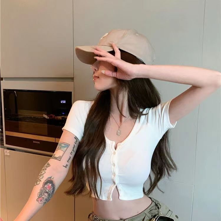 Áo Croptop Dệt Kim Tay Ngắn Cổ Chữ V Màu Trơn Phong Cách Hàn Quốc