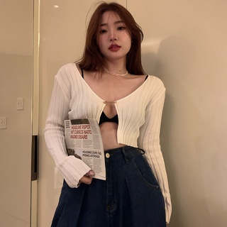 Nữ Màu Trơn Croptop Dài Tay Áo Sơ Mi Dệt Kim Áo Sơ Mi Cổ Chữ V Cardigan Áo Gợi Cảm