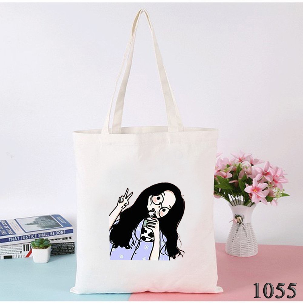 Túi Tote Túi Vải Canvas Mềm Có Khóa Miệng Phong Cách Hàn Quốc 1055 Họa Tiết Cô Bé Trà Sữa Dễ Thương