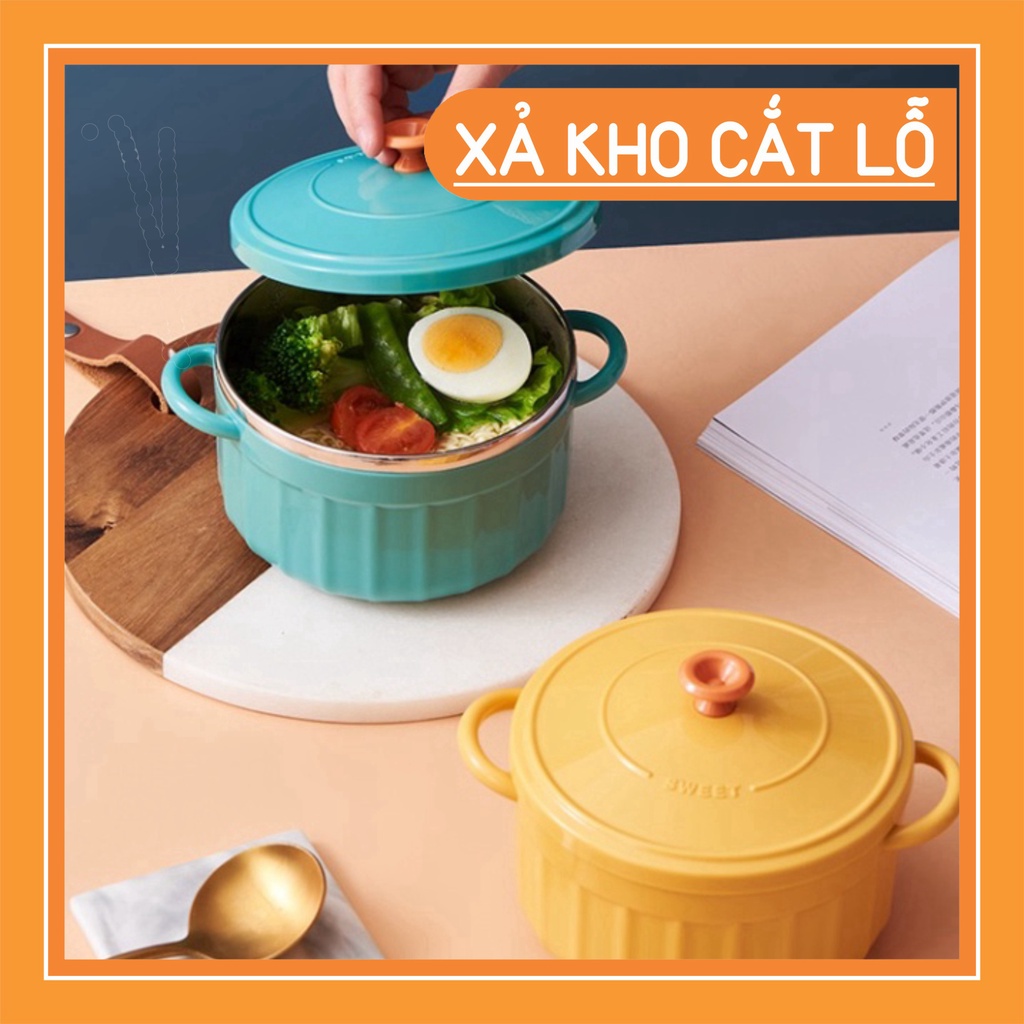 Bát úp mì - Bát ăn mì tôm inox 2 lớp cách nhiệt hình chiếc nồi có nắp đậy tặng kèm thìa 💖 - MTT Mart