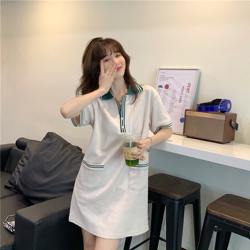 Đầm Thun Thể Thao Tay Ngắn Cổ Polo Phong Cách Hàn Quốc Mới