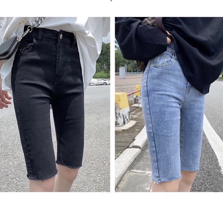 [Bigsize 32-36] Quần Lửng Jean Đen/ Xám Basic, Lưng Cao, Co Giãn