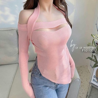 Áo thun tăm vạt xéo khoét ngực phối dây choàng cổ rớt vai tay dài