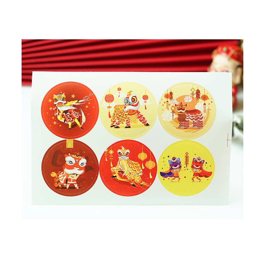 Set 6 nhãn dán chú lân, chú hổ chúc Tết size 3.8 cm