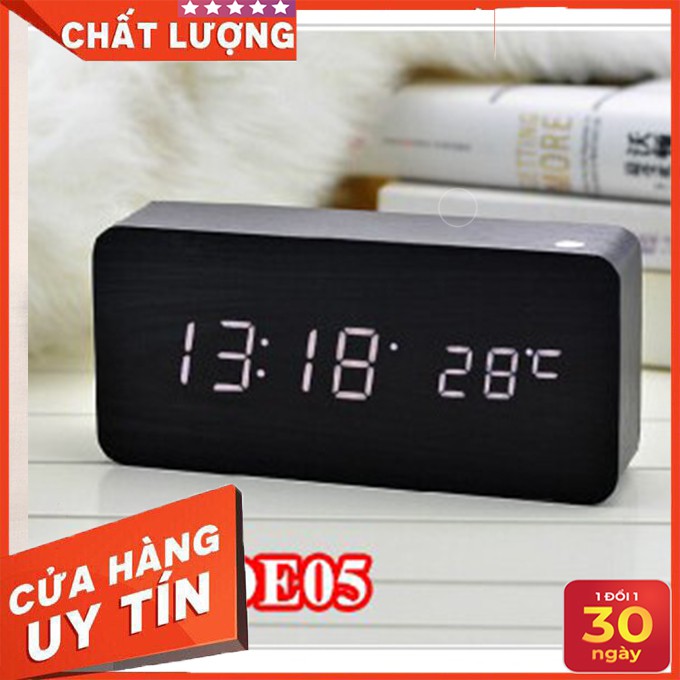 Đồng hồ để bàn điện tử LED gỗ cao cấp màu đen (có Lịch và Nhiệt độ)