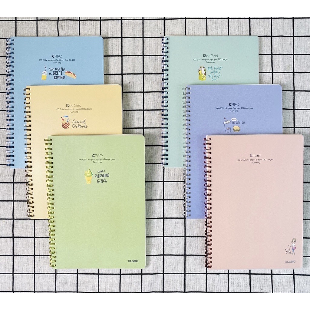 KLong - Vở lò xo kép lined/caro B5 120 trang 100/76 bìa nhựa 2 mặt màu pastel siêu xinh - Vpp Thiên Ái KL575/KL581