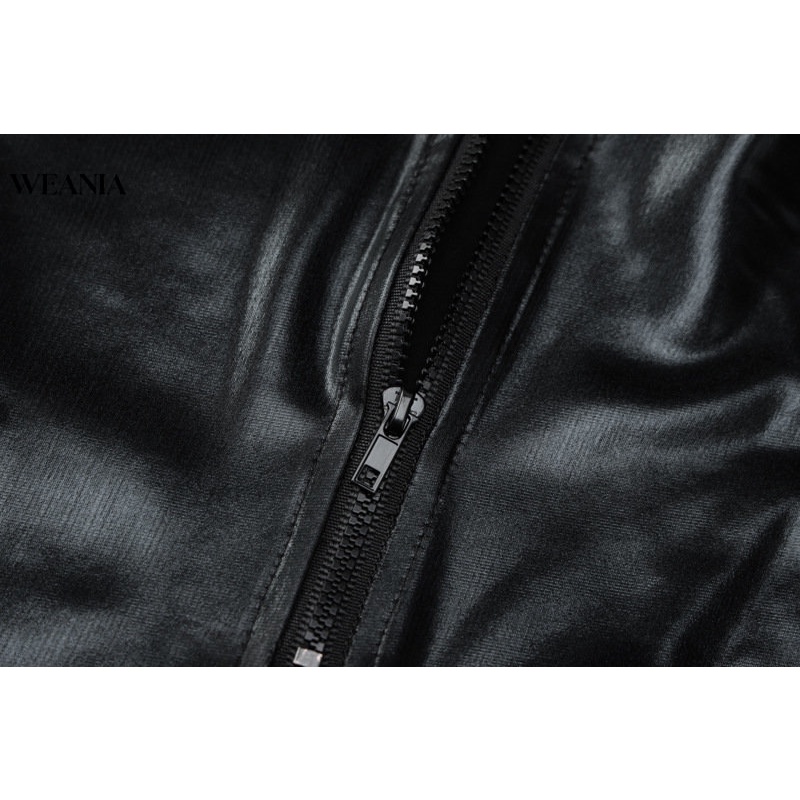 Đầm Da Pu Dài Tay Ôm Dáng Phối Khóa Kéo Quyến Rũ Cho Nữ