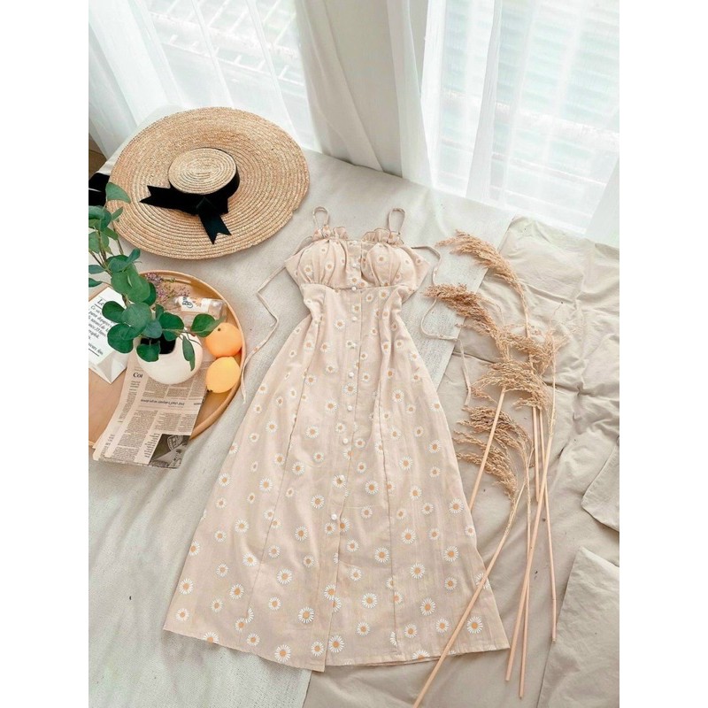 Đầm maxi hoa cúc nhí hoạ mi 2 dây chất lennin dày màu nude vintage siêu xinh form dài