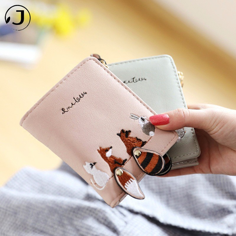 KAITIFEI Ví da nữ mini ngắn nhỏ cao cấp thêu động vật dễ thương có dây kéo