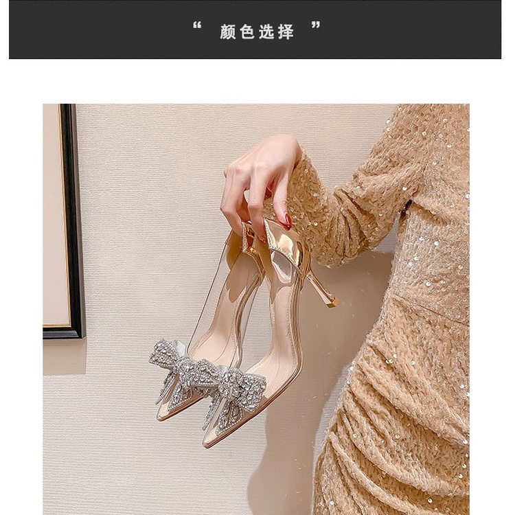 Giày Cao Gót Mũi Nhọn Trong Suốt Đính Đá Pha Lê Thời Trang Xuân Thu 2022 Cho Nữ