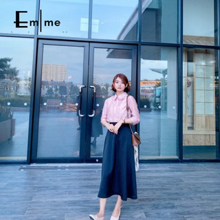 Set áo sơ mi cổ sen vs chân váy midi lụa - Combo áo sơ mi vs chân váy dài thiết kế Emme
