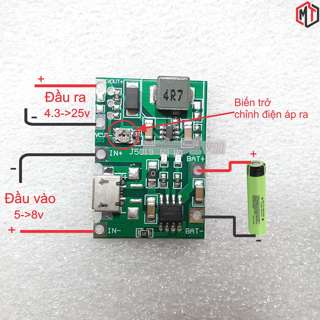 Mạch sạc pin 18650 TC4056 1S tích hợp Mạch tăng áp 2A từ 3.5V lên 25V