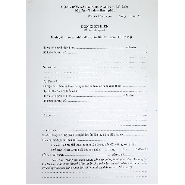 Mẫu đơn ly hôn đơn phương của Tòa án quận Bắc Từ Liêm+bản hướng dẫn chuẩn bị hồ sơ, hướng dẫn nộp hồ sơ đến Tòa án