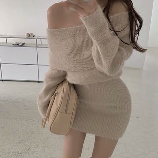 váy len lông trễ vai