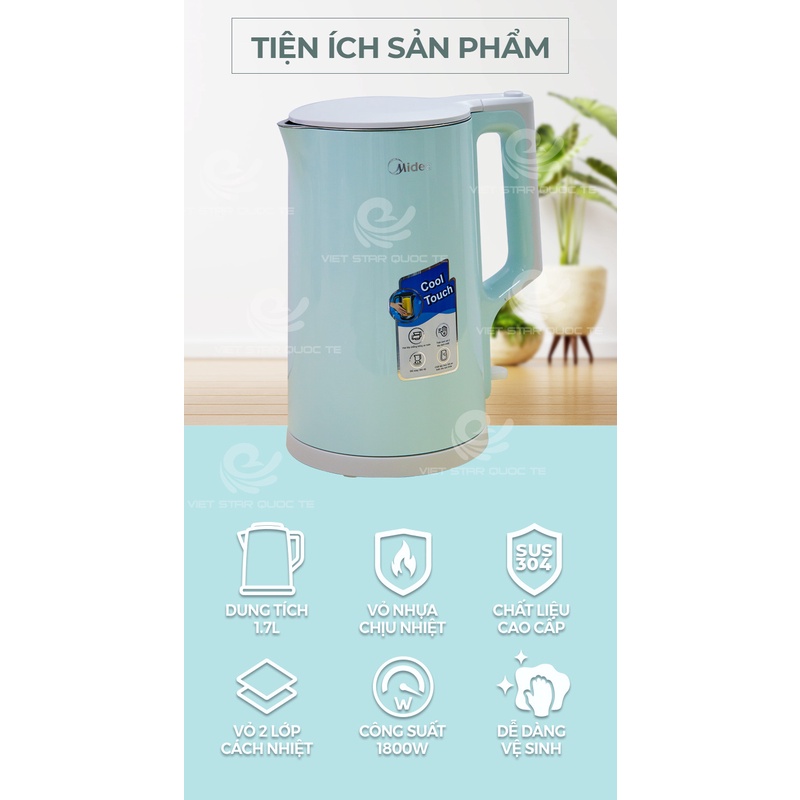 Bình đun siêu tốc, đế xoay 360, 2 lớp cách nhiệt, tự động tắt khi không có nước, bảo hành 12 tháng, MK-17DG