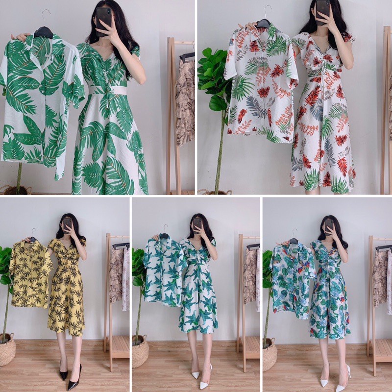 Váy áo đôi đi biển nam nữ họa tiết hoa lá nổi bật sang trọng, chất vải đũi thoáng mát