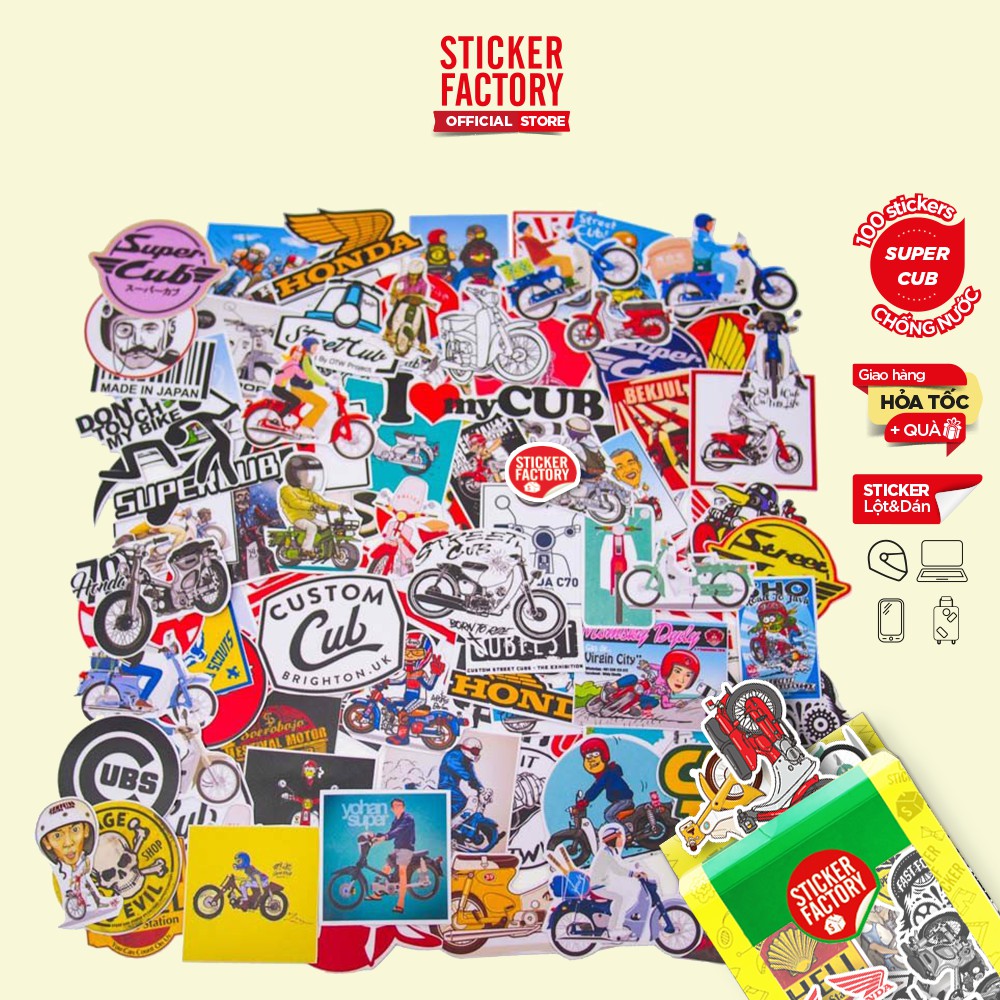 Super Cub - hộp set 100 sticker decal hình dán nón bảo hiểm , laptop, xe máy, ô tô - STICKER FACTORY