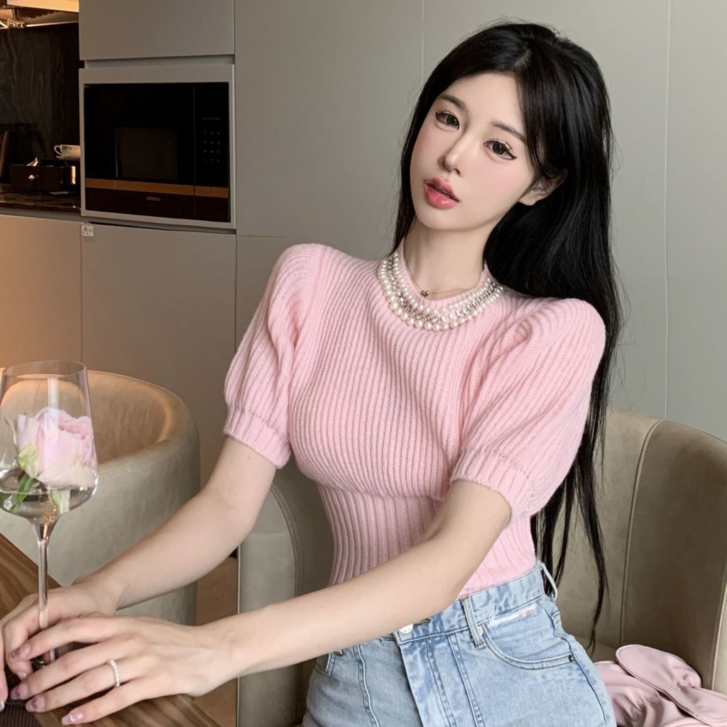 Áo kiểu dáng ngắn tay phồng thời trang mùa hè màu hồng ngọt ngào dành cho nữ