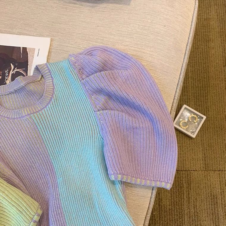 Áo Sweater Dệt Kim Mỏng Tay Phồng Phối Màu Thời Trang Xuân Hè Cho Nữ