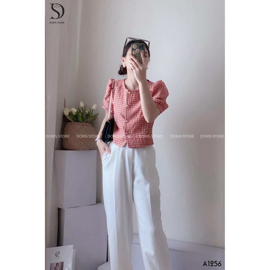 SHOP MINH TRÍ - ÁO SƠ MI NỮ CROPTOP KẺ CARO ĐỎ CÚC NGỌC ་