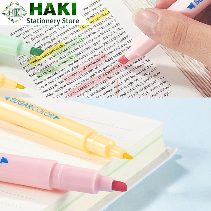 Bút highlight 2 đầu dạ quang HAKI, bút đánh dấu nhớ dòng cute nhiều màu marker dễ thương B10